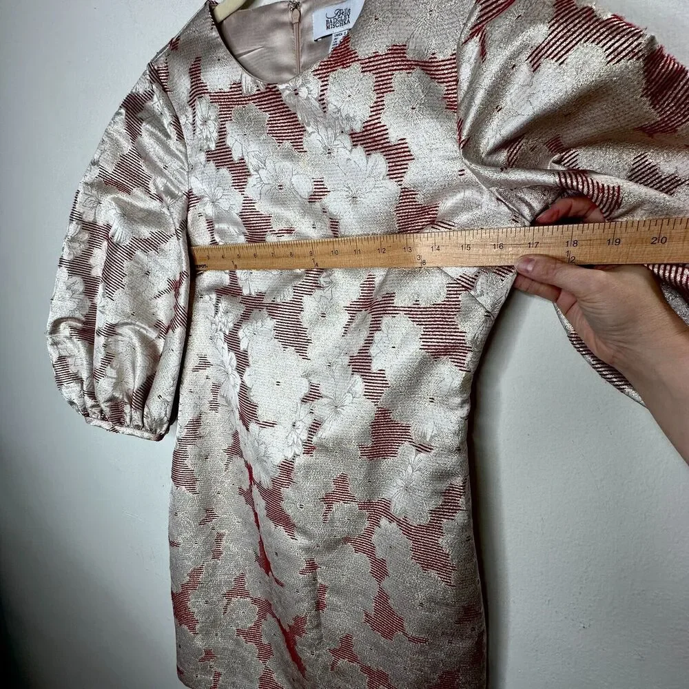 Belle Badgley Mischka Red & Gold Metallic Stripe Floral Balloon Sleeve Dress 2